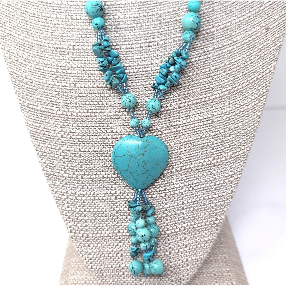 Heart Statement Long Necklace Faux Turquoise Beaded Southwestern Style Tassel - Picture 2 of 4